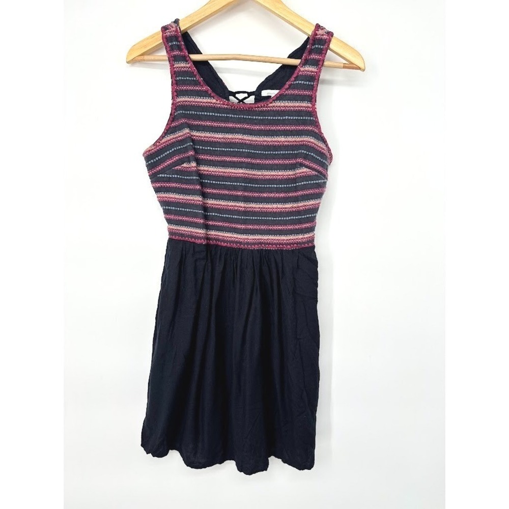 O'Neill Mini Dress Women Medium Black Striped Lace‎ Up Back Summer Boho Beach